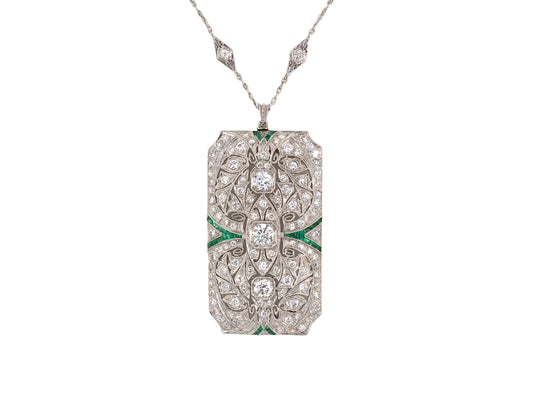 42897 - Art Deco Platinum Diamond Emerald Pin Pendant
