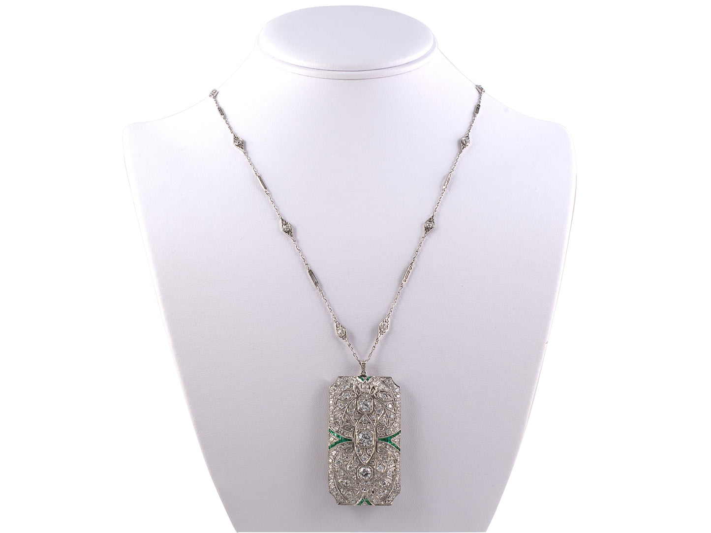 42897 - Art Deco Platinum Diamond Emerald Pin Pendant