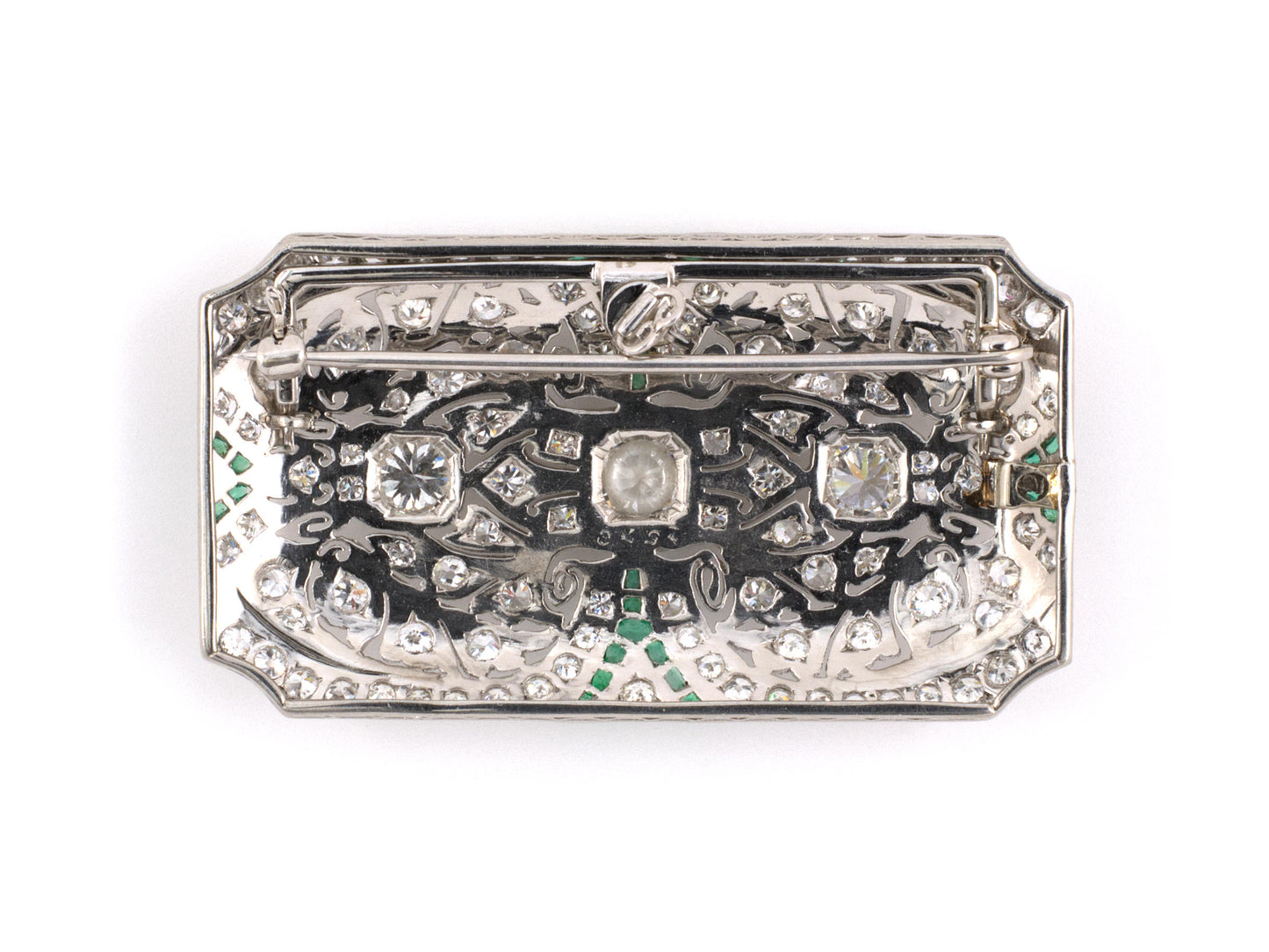 42897 - Art Deco Platinum Diamond Emerald Pin Pendant