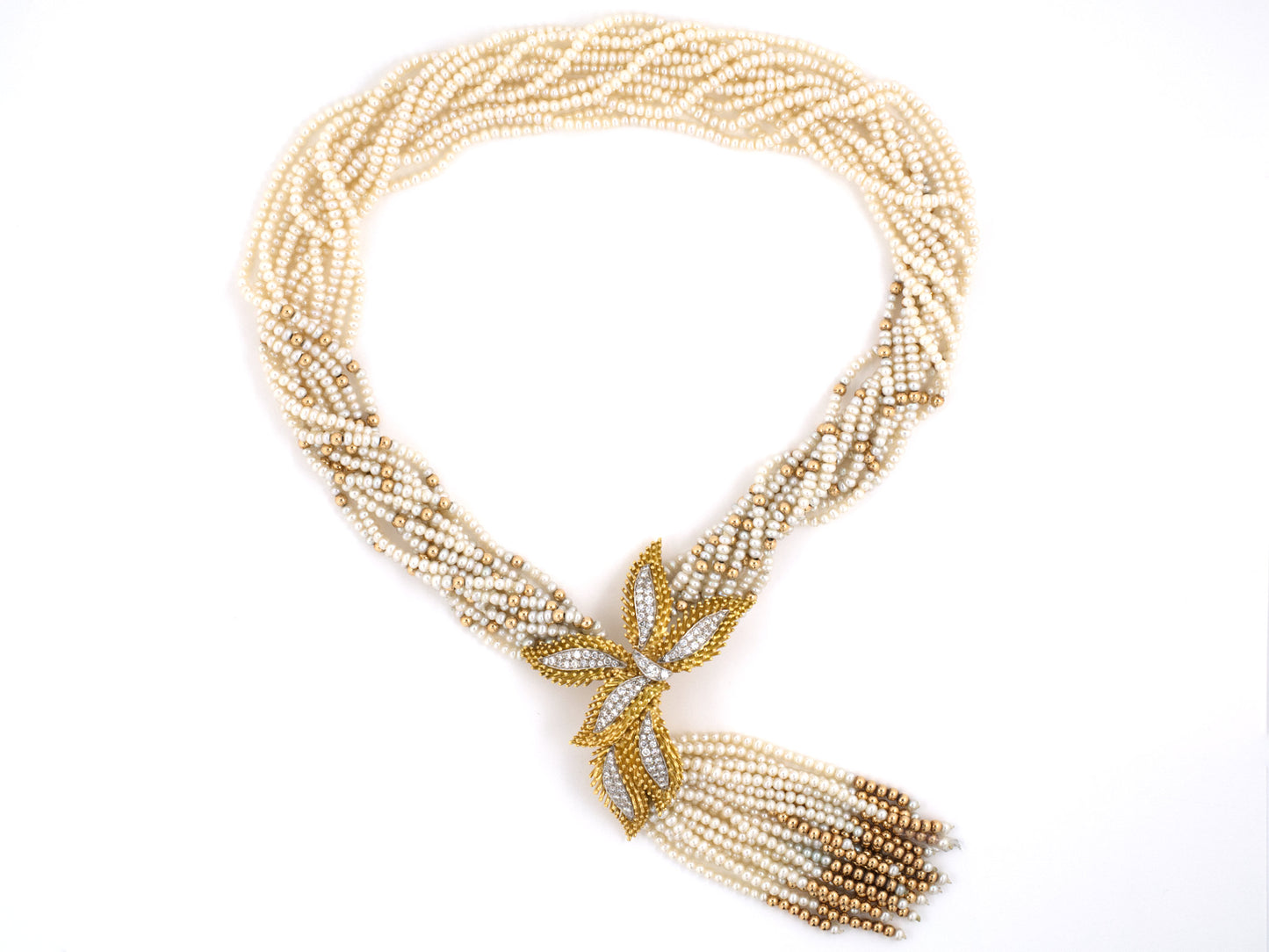 42921 - SOLD - Gold Palladium Pearl Diamond Torsade Necklace