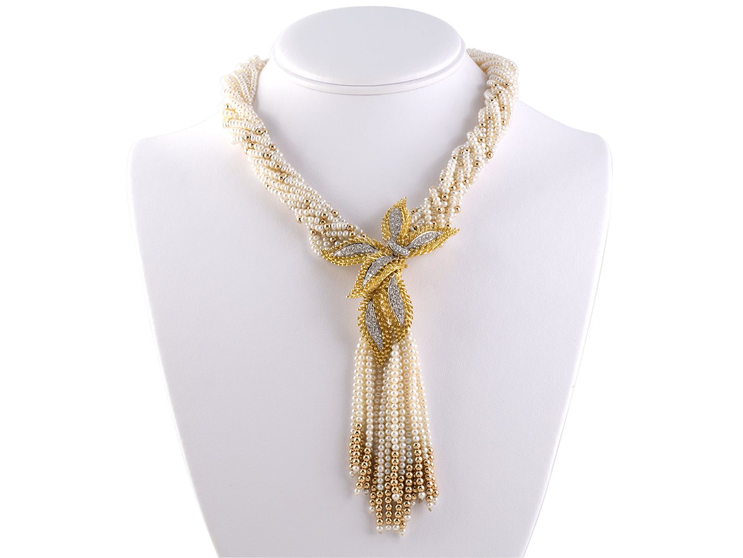 42921 - SOLD - Gold Palladium Pearl Diamond Torsade Necklace