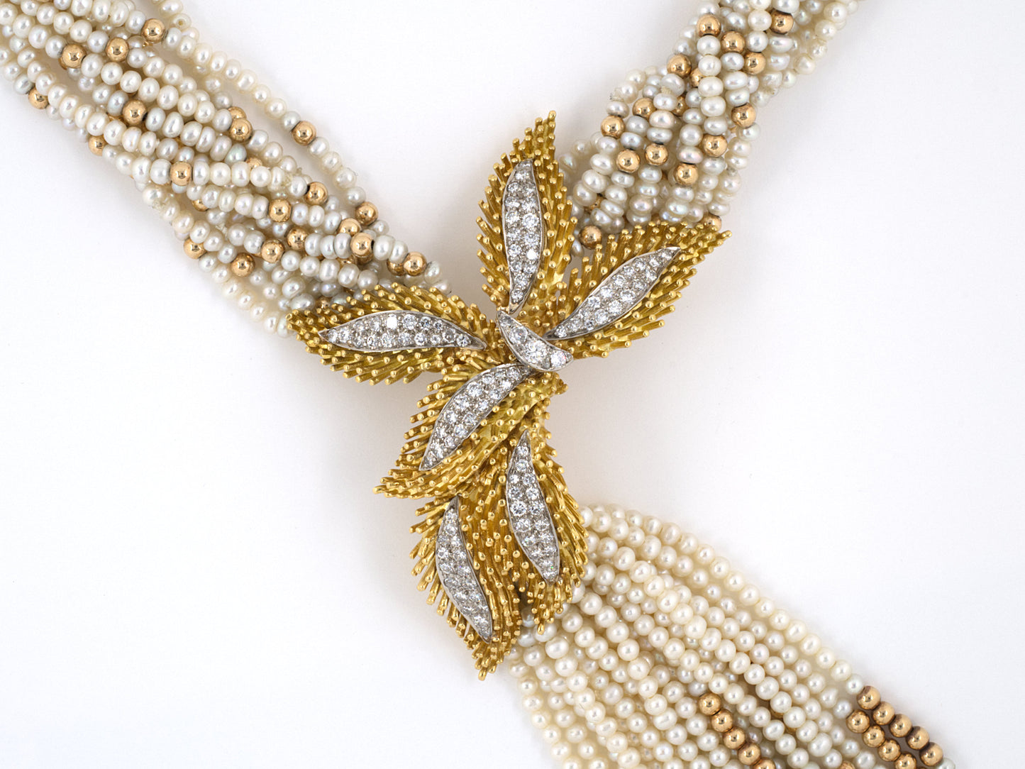42921 - SOLD - Gold Palladium Pearl Diamond Torsade Necklace