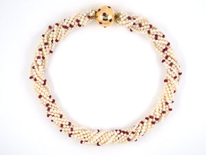 42928 - SOLD - Circa 1950 Gold Burma Ruby Akoya Pearl Torsade Necklace