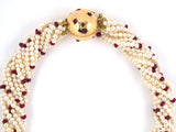 42928 - SOLD - Circa 1950 Gold Burma Ruby Akoya Pearl Torsade Necklace