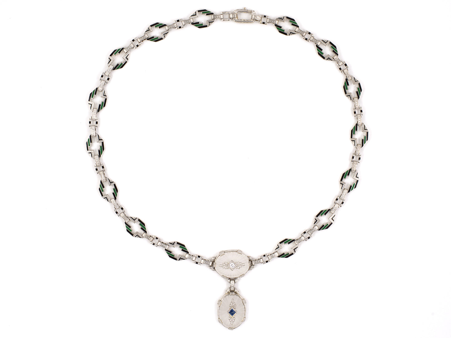 42936 - Art Deco Platinum Gold Sapphire Diamond Enamel Crystal Drop Dangle Necklace