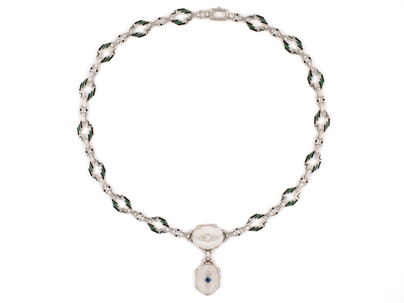 42936 - Art Deco Platinum Gold Sapphire Diamond Enamel Crystal Drop Dangle Necklace