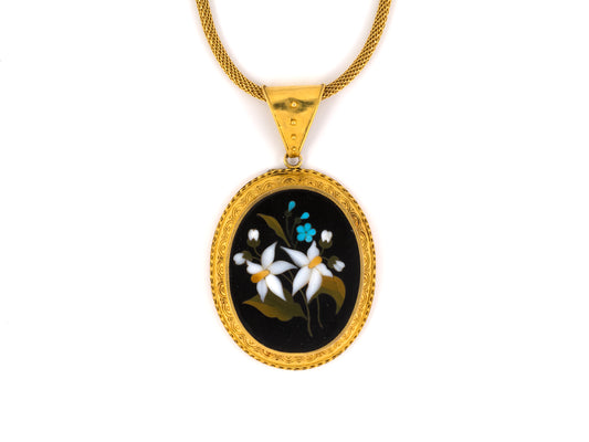 42991 - Victorian Circa 1860 Etruscan Revival Gold Flower Locket Pendant Necklace