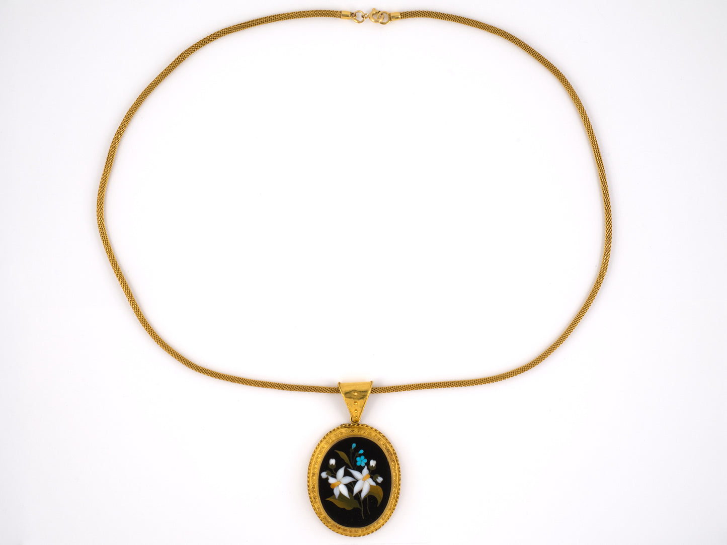 42991 - Victorian Circa 1860 Etruscan Revival Gold Flower Locket Pendant Necklace