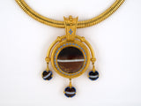 43042 - Victorian Circa 1870 Streeter E W Gold Agate Enamel Drop Dangle Locket Pendant Necklace