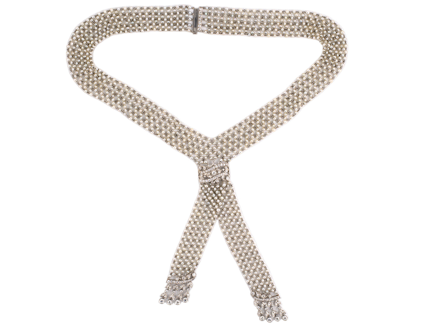 43054 - Edwardian Platinum Diamond Seed Pearl Woven Filigree Drop Neglige Neck