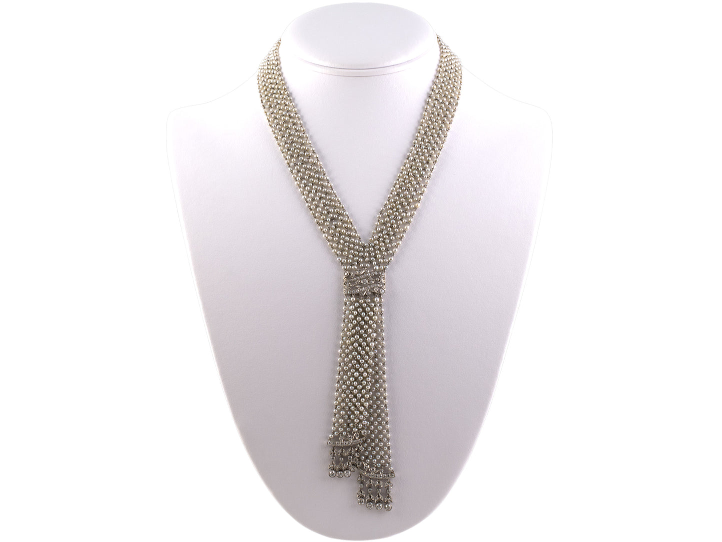 43054 - Edwardian Platinum Diamond Seed Pearl Woven Filigree Drop Neglige Neck