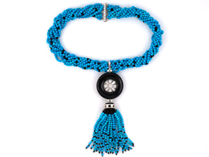 43072 - Platinum Diamond Turquoise Onyx Bead Torsade Tassel Drop Necklace