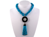 43072 - Platinum Diamond Turquoise Onyx Bead Torsade Tassel Drop Necklace