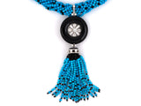 43072 - Platinum Diamond Turquoise Onyx Bead Torsade Tassel Drop Necklace