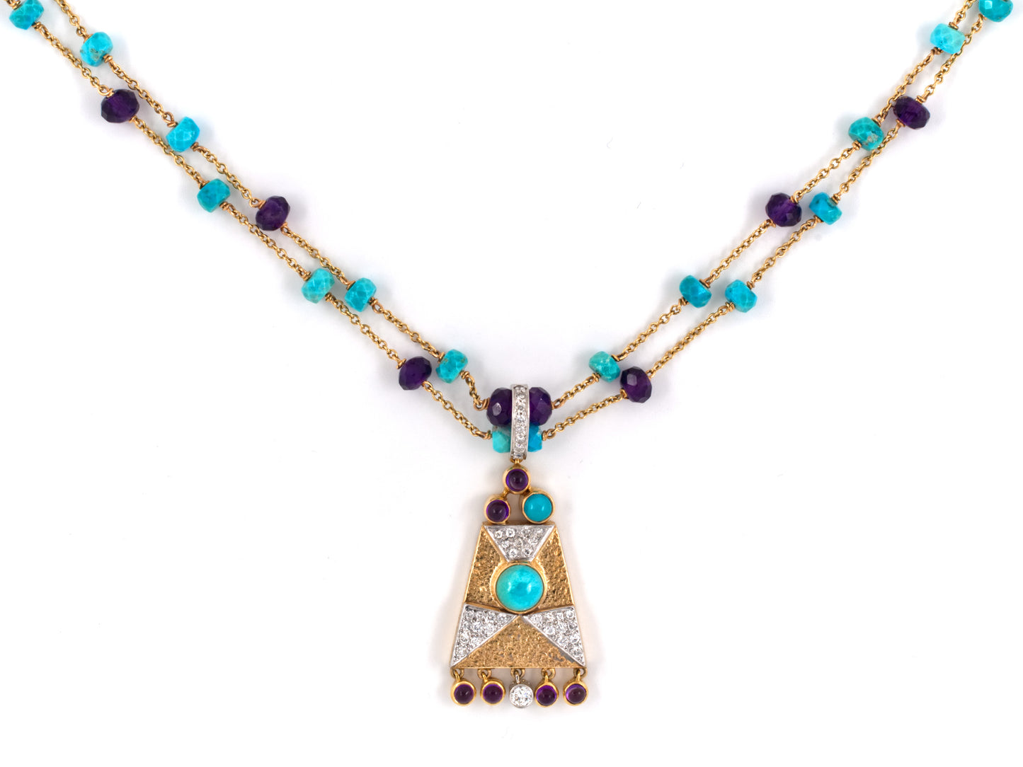 43214 - SOLD - Platinum Diamond Amethyst Turquoise Drop Dangle Pendant Necklace