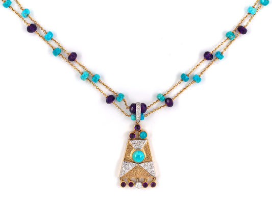 43214 - SOLD - Platinum Diamond Amethyst Turquoise Drop Dangle Pendant Necklace