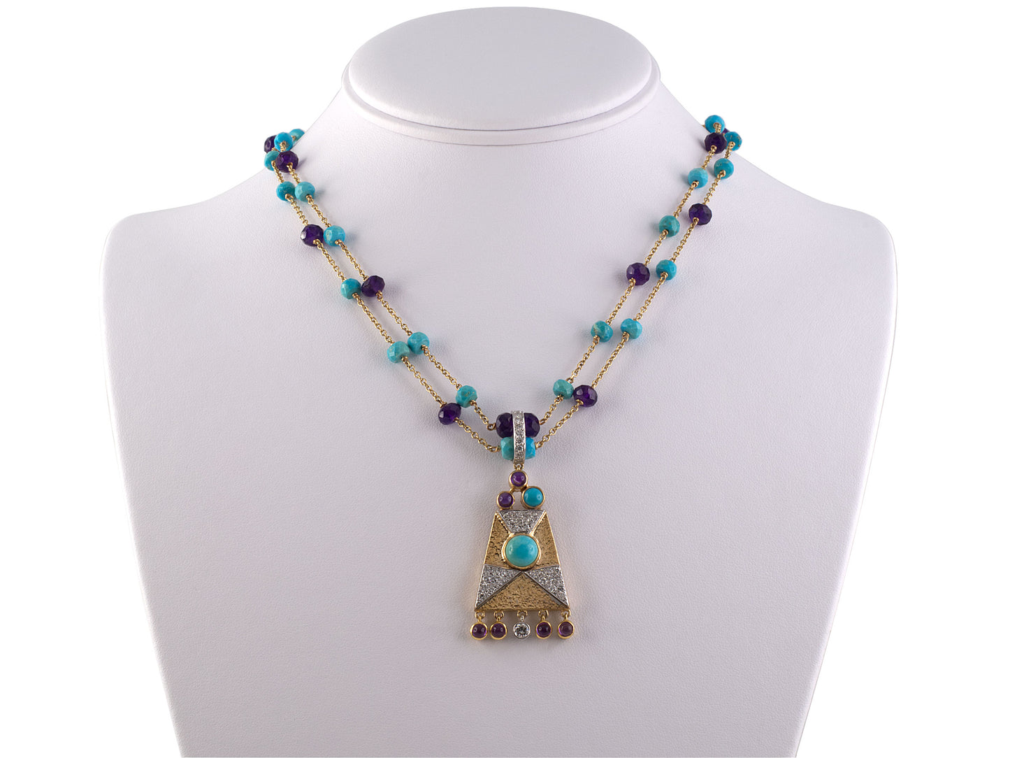 43214 - SOLD - Platinum Diamond Amethyst Turquoise Drop Dangle Pendant Necklace