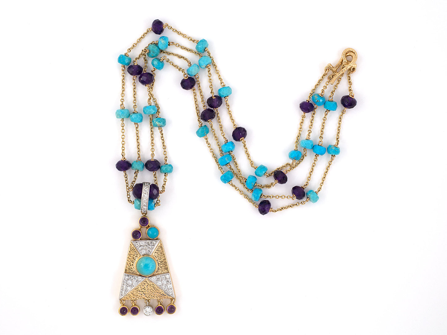 43214 - SOLD - Platinum Diamond Amethyst Turquoise Drop Dangle Pendant Necklace