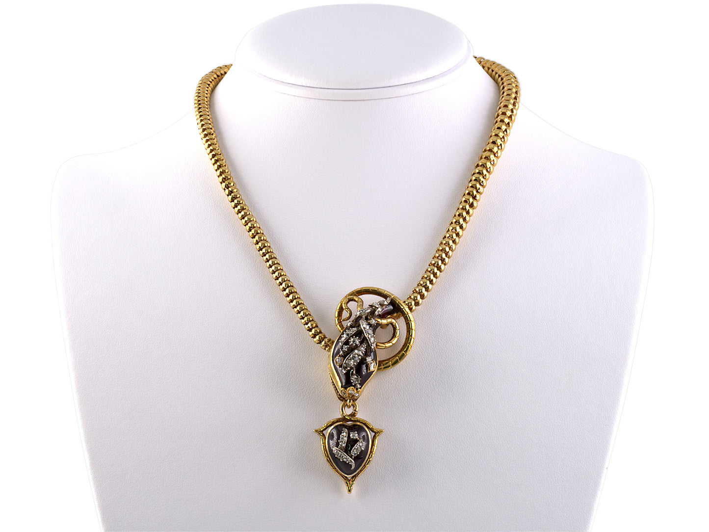43290 - Victorian Circa 1845 Gold Silver Diamond Garnet Snake Necklace