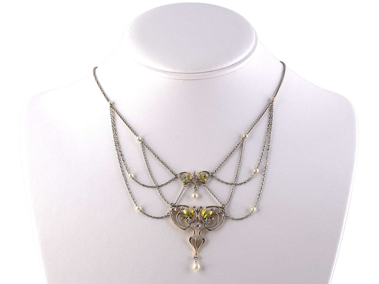 43330 - Art Nouveau Platinum Gold Diamond Pearl Enamel Necklace