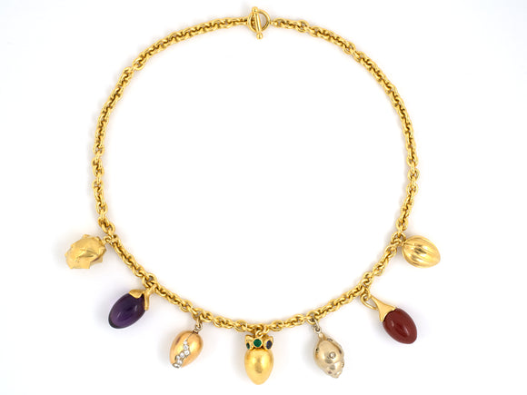 43366 - Boregaard Gold Diamond Emerald Sapphire Jasper Amethyst Eggs Pendants Necklace
