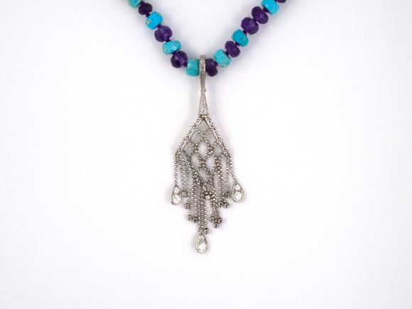 43489 - SOLD - Platinum Diamond Turquoise Amethyst Bead Drop Dangle Pendant Necklace