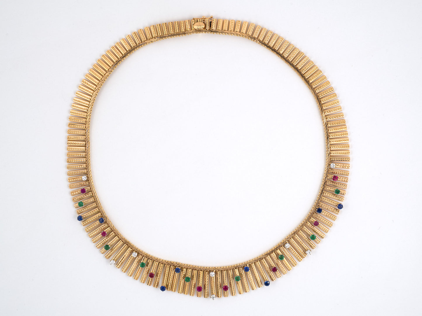 43542 - Circa 1950s Gold Platinum Diamond Emerald Ruby Sapphire Necklace