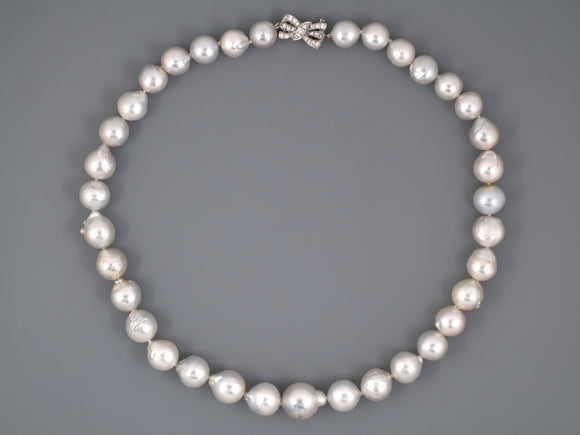 43568 - SOLD - Platinum Silver Diamond Baroque Pearl Necklace