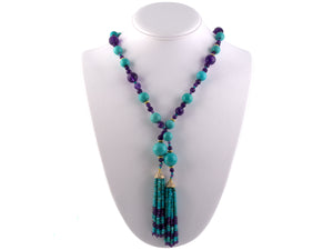 43654 - SOLD - Gold Turquoise Amethyst Diamond Necklace