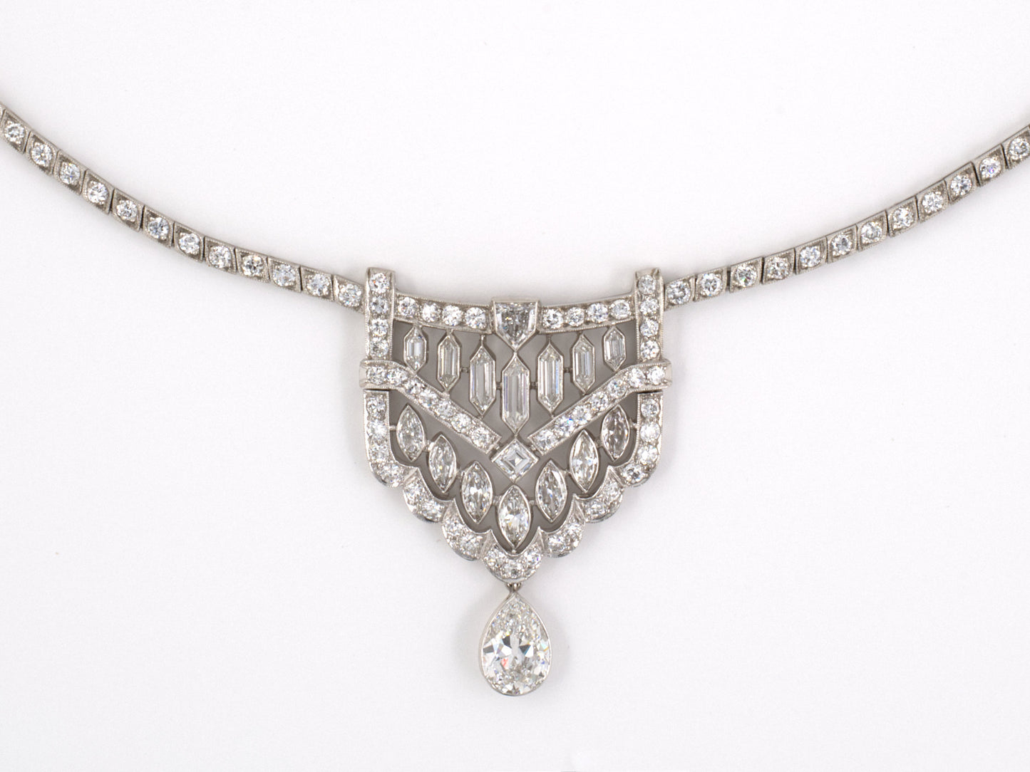 43697 - Art Deco Platinum GIA Diamond Pear Shape Drop Necklace