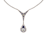 43714 - Edwardian Platinum Diamond Sapphire Drop Dangle Necklace