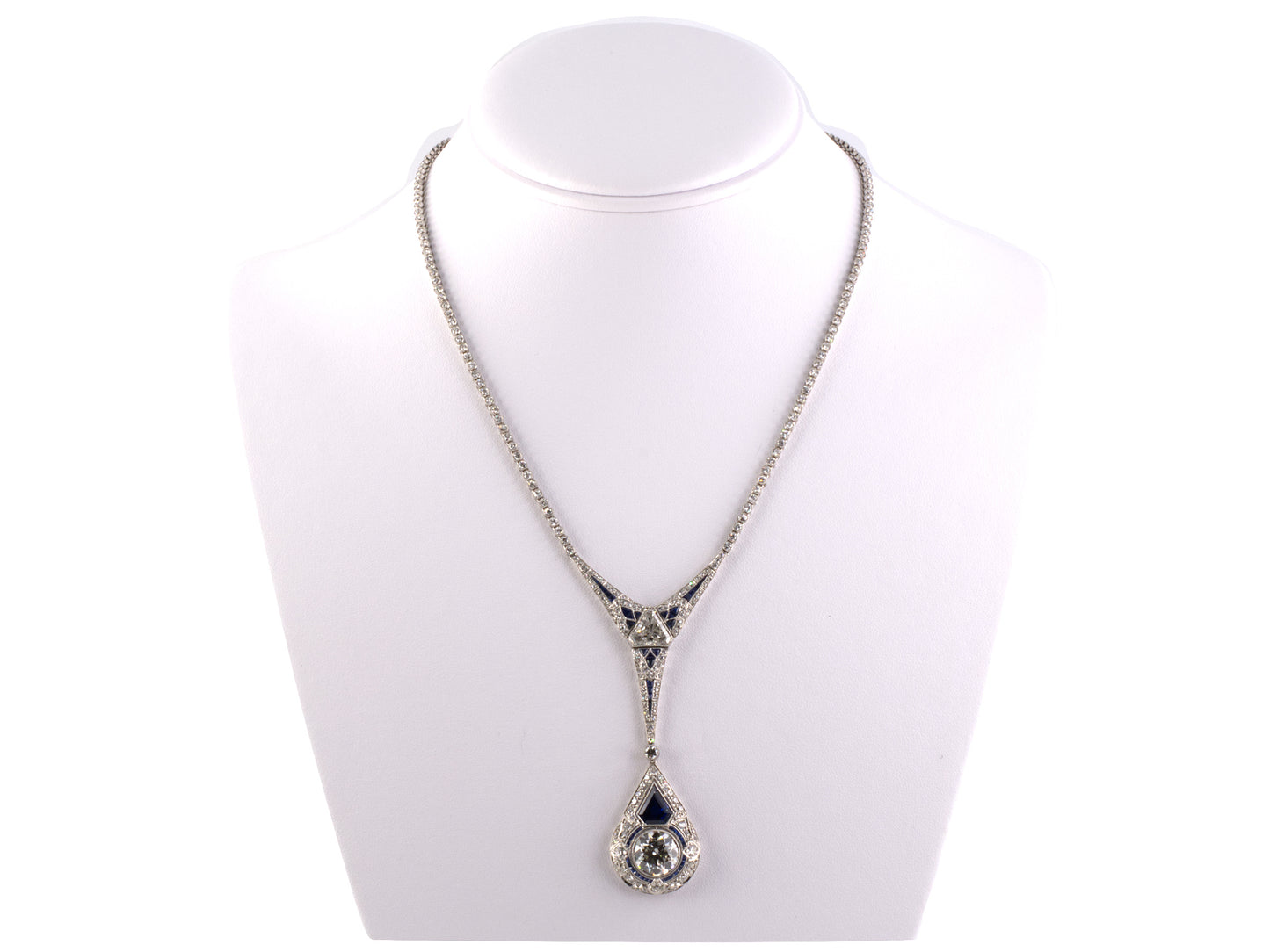 43714 - Edwardian Platinum Diamond Sapphire Drop Dangle Necklace