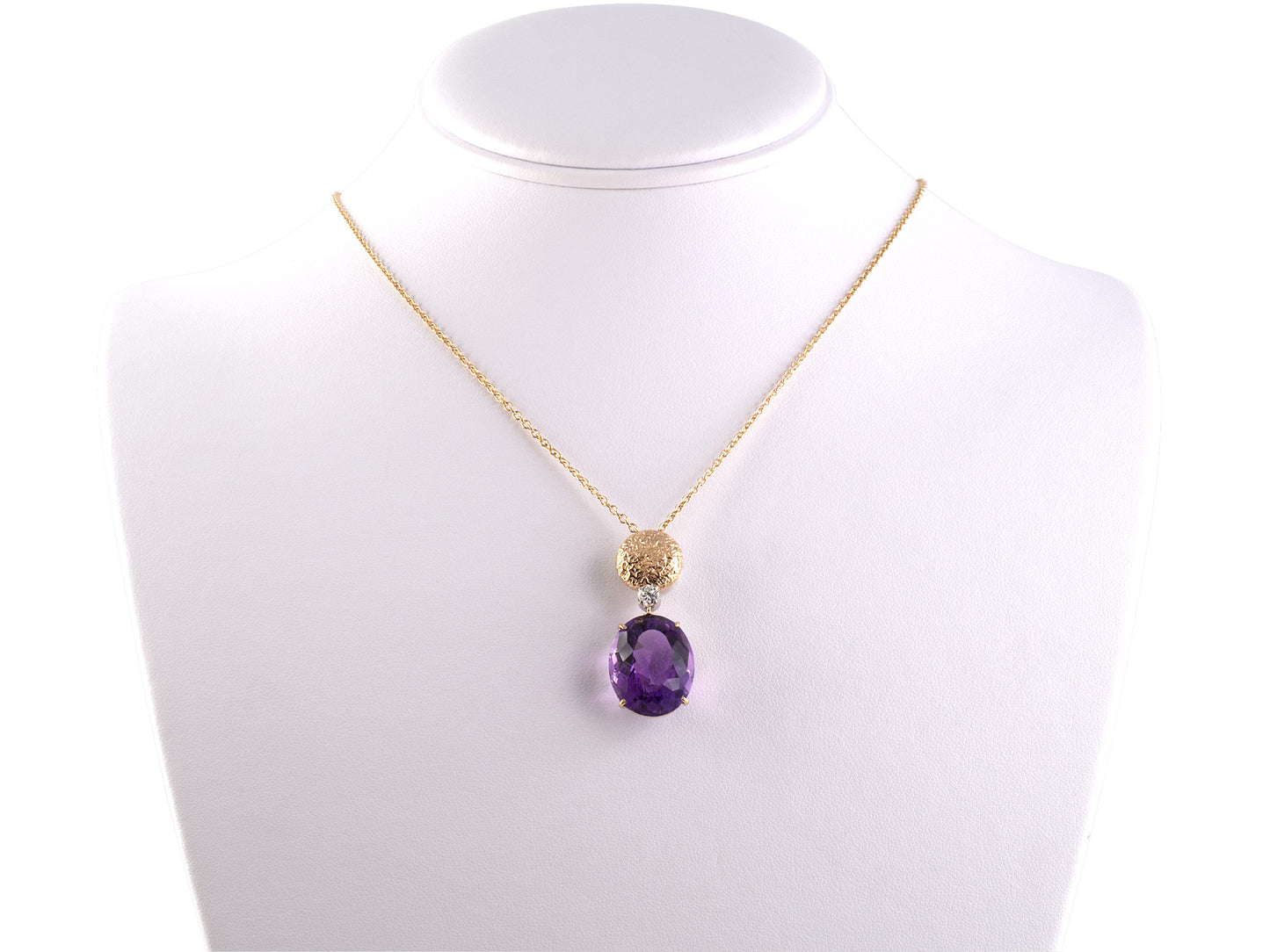 43796 - SOLD - Gold Platinum Amethyst Diamond Drop Pendant Necklace