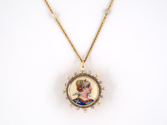 43871 - Victorian Gold Silver Diamond Pearl Enamel Painted Portrait Pin Pendant Necklace