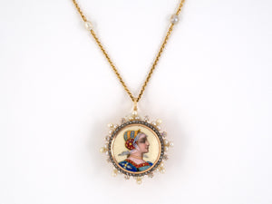 43871 - Victorian Gold Silver Diamond Pearl Enamel Painted Portrait Pin Pendant Necklace