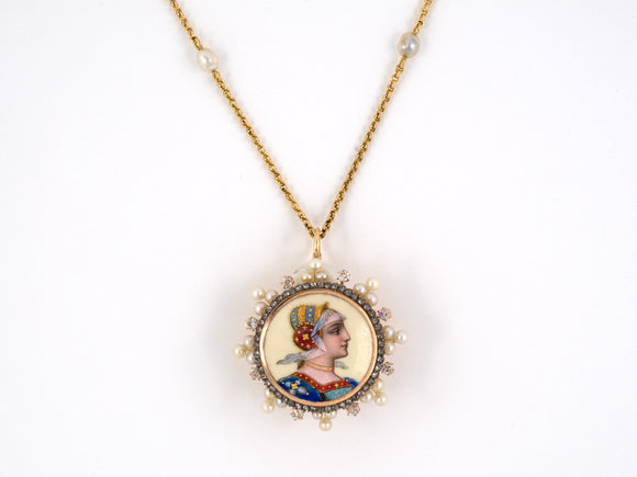 43871 - Victorian Gold Silver Diamond Pearl Enamel Painted Portrait Pin Pendant Necklace