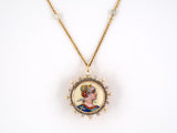 43871 - Victorian Gold Silver Diamond Pearl Enamel Painted Portrait Pin Pendant Necklace