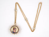 43871 - Victorian Gold Silver Diamond Pearl Enamel Painted Portrait Pin Pendant Necklace