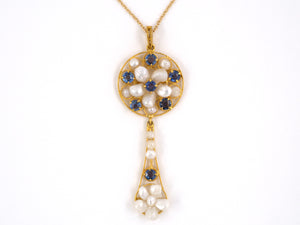 43918 - SOLD - Art Nouveau Gold Pearl Sapphire Circle Drop Dangle Pendant Necklace