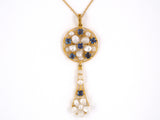 43918 - SOLD - Art Nouveau Gold Pearl Sapphire Circle Drop Dangle Pendant Necklace