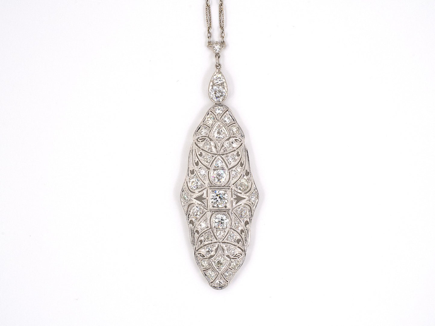 43933 - Art Deco Platinum Diamond Filigree Drop Pendant Necklace