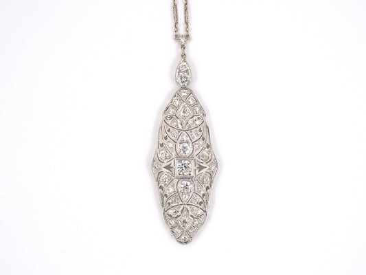 43933 - Art Deco Platinum Diamond Filigree Drop Pendant Necklace