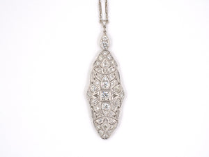 43933 - Art Deco Platinum Diamond Filigree Drop Pendant Necklace