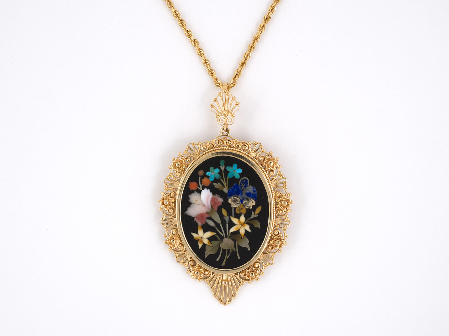 43950 - Gold Coral Lapis Turquoise Nephrite Jade Mosaic Pin Pendant Necklace