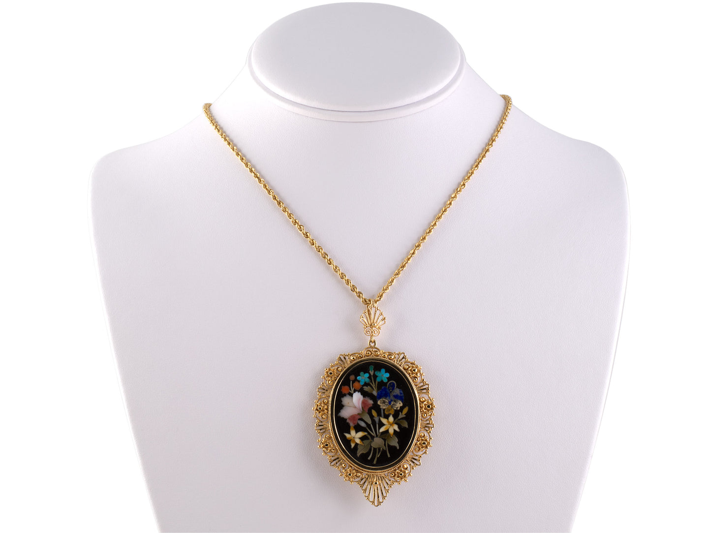 43950 - Gold Coral Lapis Turquoise Nephrite Jade Mosaic Pin Pendant Necklace