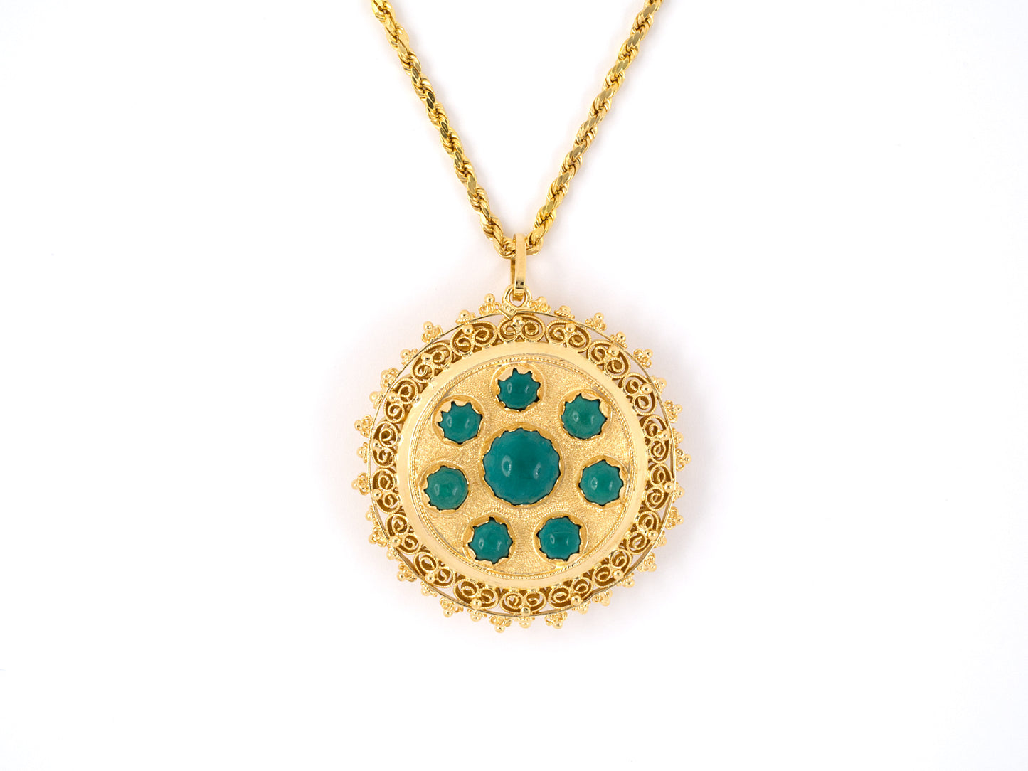 43958 - SOLD - Gold Turquoise Circular Pendant Necklace