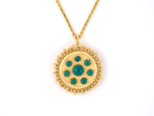 43958 - SOLD - Gold Turquoise Circular Pendant Necklace