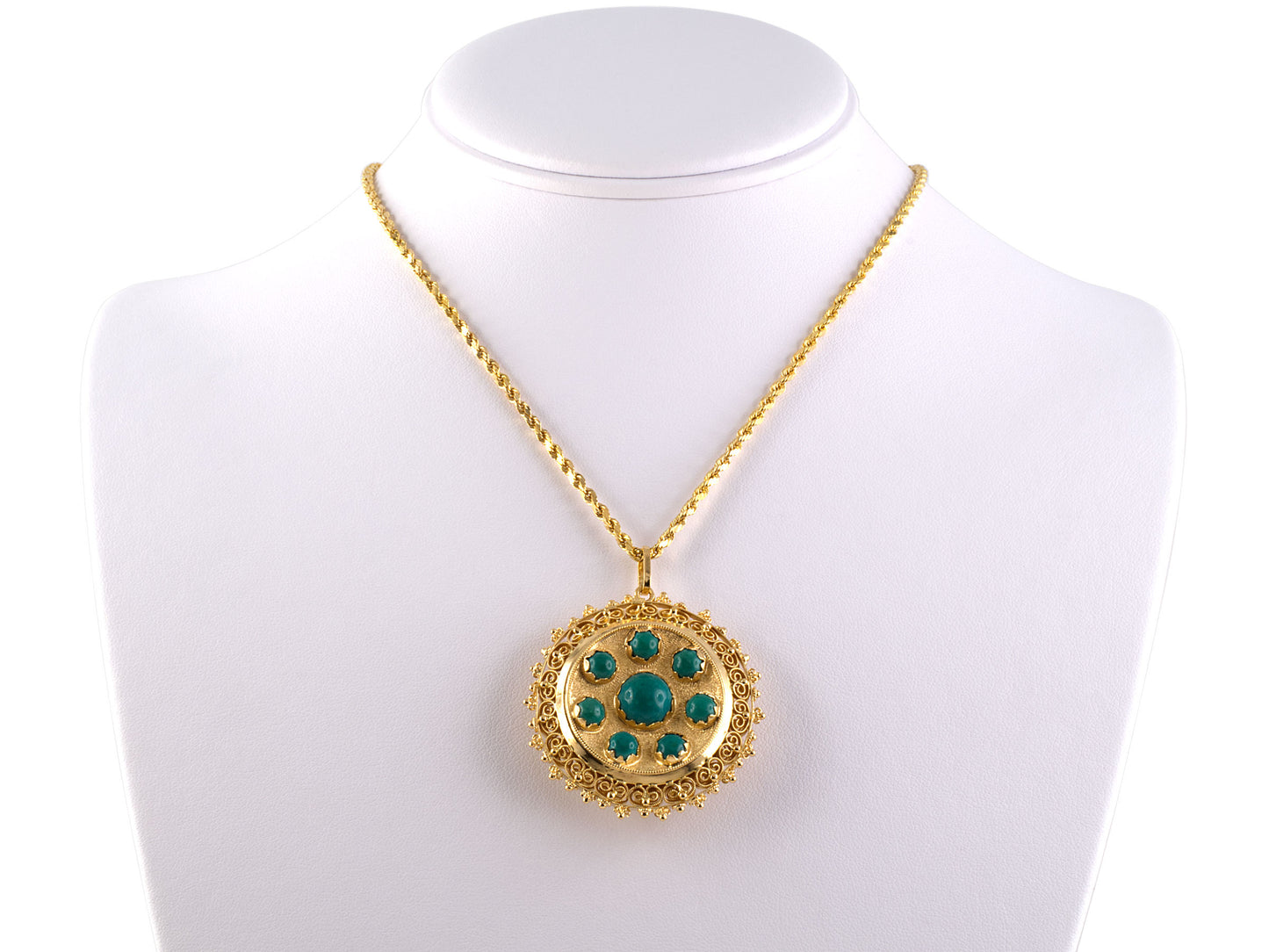 43958 - SOLD - Gold Turquoise Circular Pendant Necklace