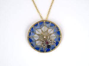 43985 - SOLD - Gold Silver Diamond Ruby Sapphire Enamel Circle Spider Webb Pendant Necklace