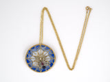 43985 - SOLD - Gold Silver Diamond Ruby Sapphire Enamel Circle Spider Webb Pendant Necklace